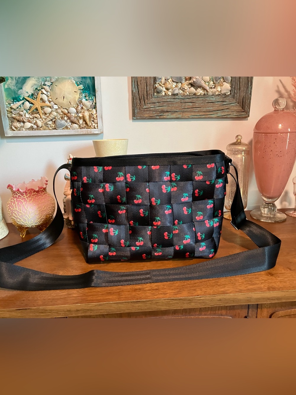 Harveys Seatbelt Large Black Woven Cherry Bomb Print Bag